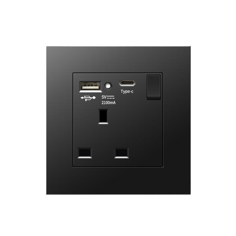 13A British Standard Socket with USB & Type-C Fast Charging, Light Switch, Black Panel for Hong Kong & Macau