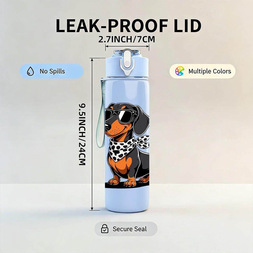 1PC Dachshund Puppy Dog Print 750ml Color Plastic Sports Water Bottle Leakproof Flip Straw Lid Suitable for Sports Office Home Use