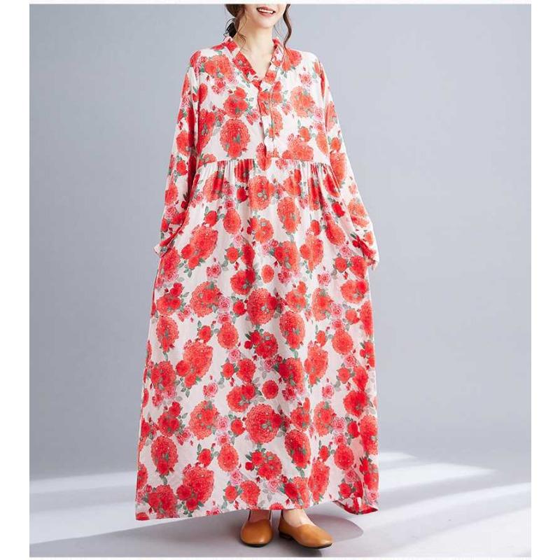 Neue Böhmische Vintage Bedruckte Locker Langarm Großer Schwung Lange Kleider