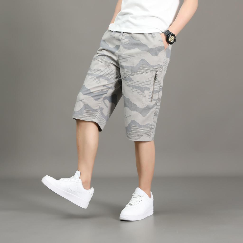 Men's Cargo Shorts Casual Summer Shorts Cotton Camouflage Print Elastic Waistband Loose Fit Lightweight Breathable Short Pants