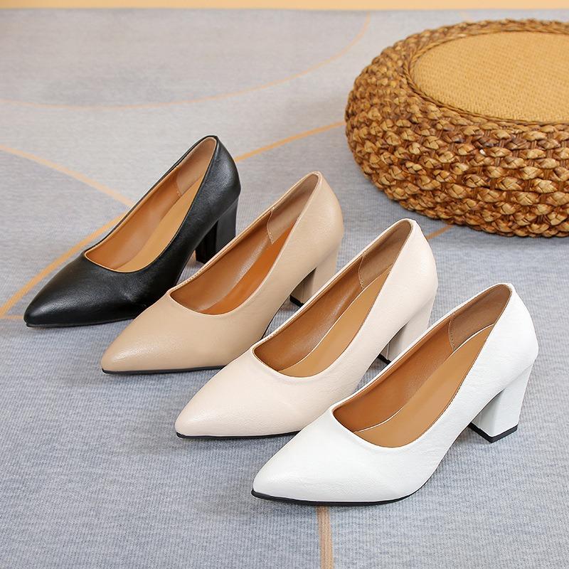 Fashion single shoes women's thick heel spring and summer new pointed work shoes shallow mouth pedal high heels