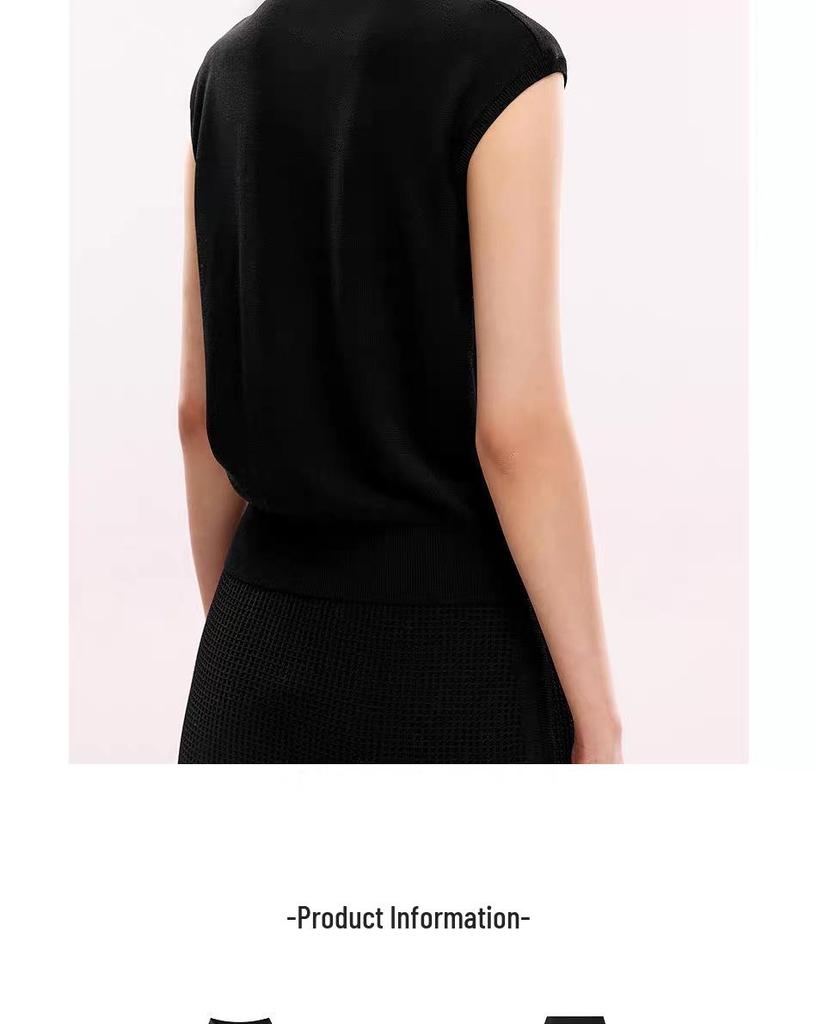 Dámský luxusní pletený top Lang Z podzim 2025 v čínském stylu s krátkým rukávem a kulatým výstřihem.