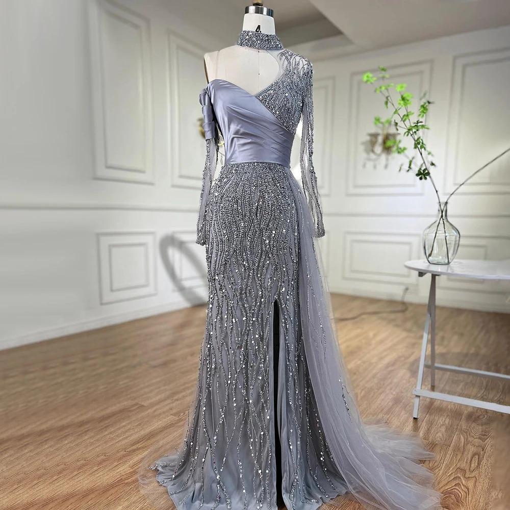 Light luxury one-shoulder long-sleeved fishtail split long dress gray heavy industry beaded banquet evening dress LA11811A