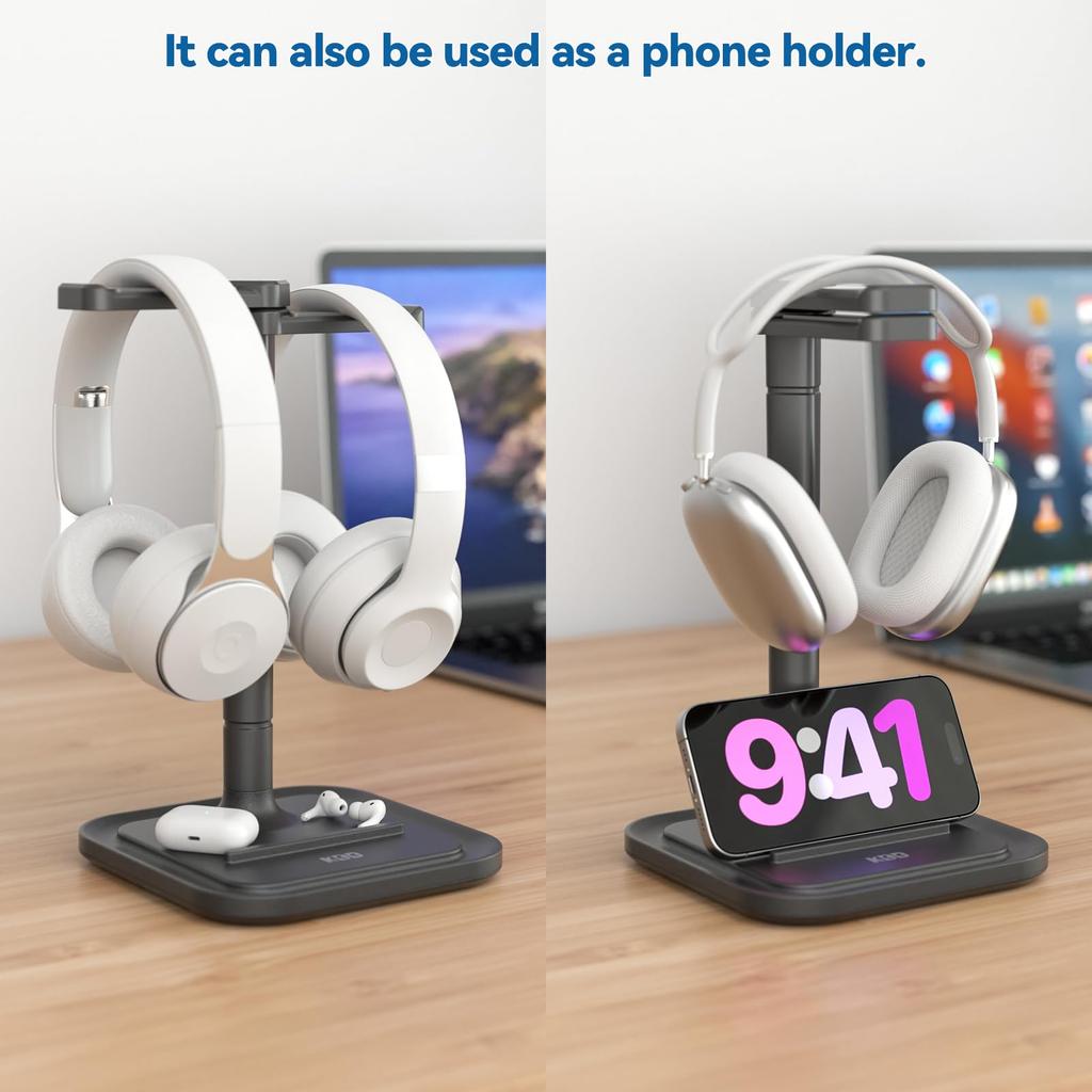 KDD Desktop Headphone Stand with Smartphone Stand Holds 2 Headphones Rotating Headphone Multifunctional Double Headphone Foldable Headphone Stylish