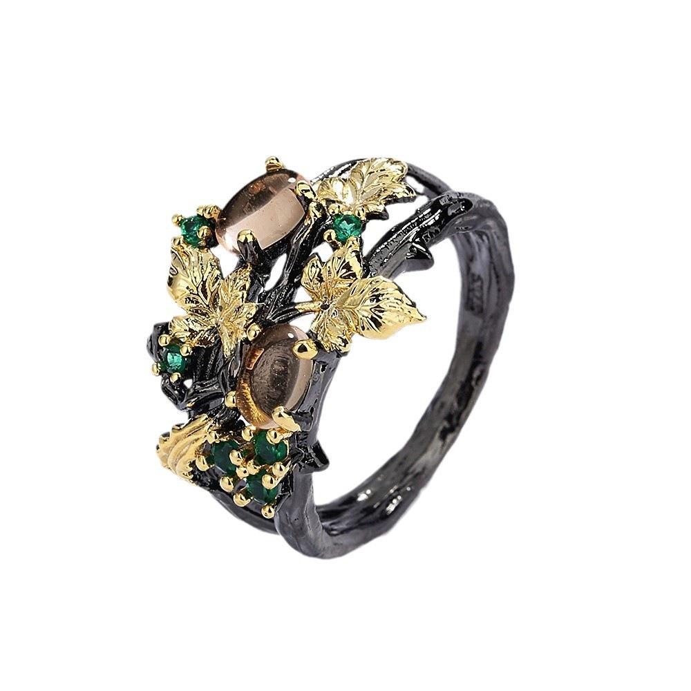 Retro Two-Tone Leaf and Fruit Ring - European & American Inspired Dark Luxury Jewelry