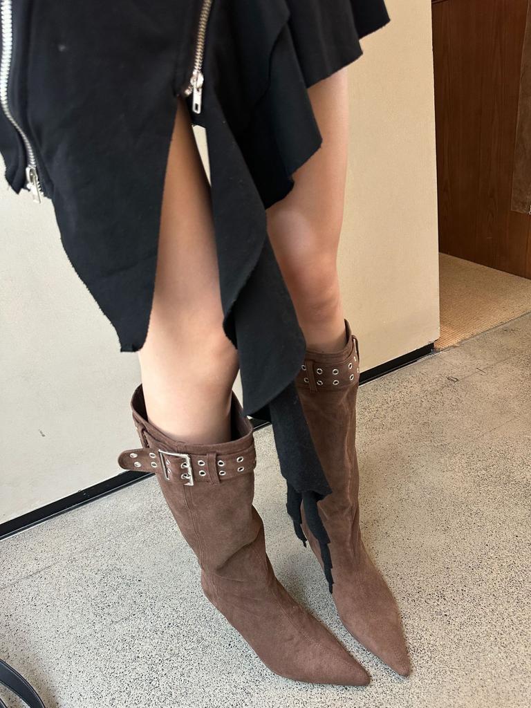 7Cm fine heel pleated pile boots women's 2025 new pointed high heel boots black high knee boots