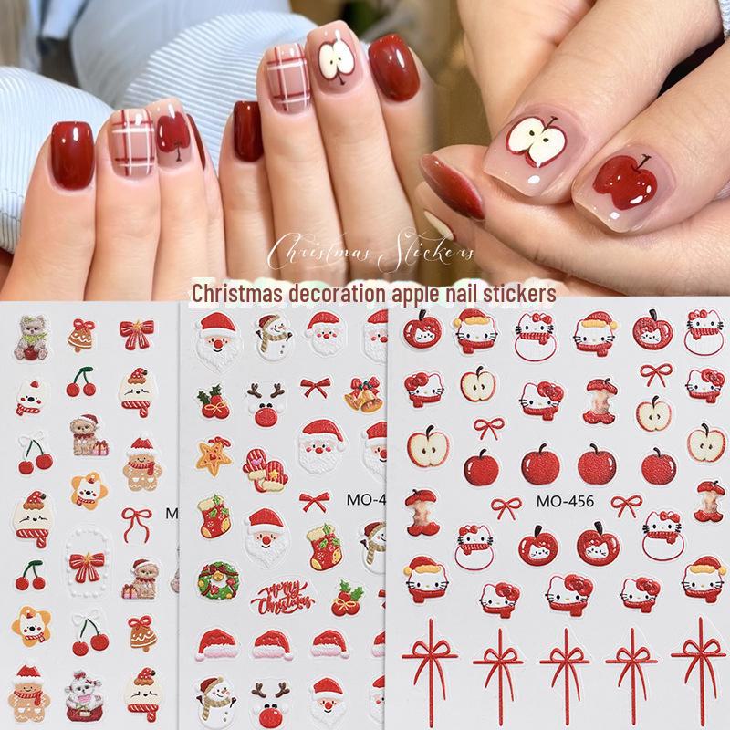 Festive 3D Apple & Cherry Bow Nail Stickers with Cartoon Cat Design