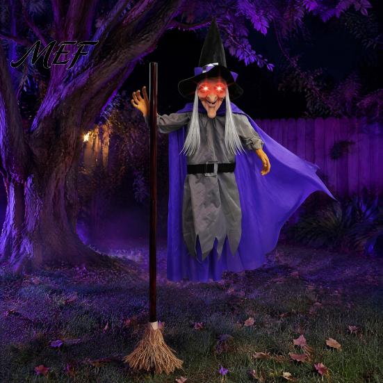 Outdoor Hanging Witch Decor 180cm Halloween Props, Flying Decoration with Scary Sounds & Lights, Wicked Garden Ornaments for Yard Lawn, Haunted House