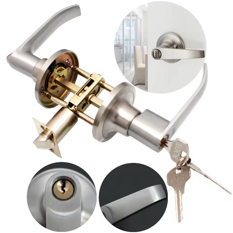 Door Lever Lock with 3 Keys Locking Door Handle Stainless Steel Round Entry Security Privacy Sliding Doors Locks for Home Office