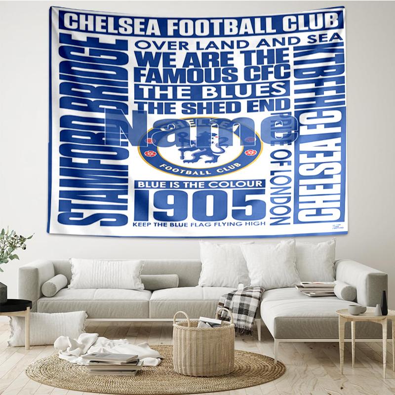 Custom Name Chelsea Football Club Print Tapestry, Backdrop, Easy Setup, Ideal for Bedroom, Office & Living Room, with Aesthetic Wall Hanging Decor.
