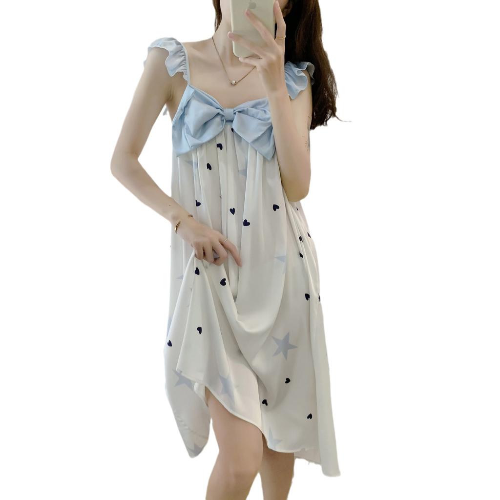 Women's summer nightdress, new sweet ice silk camisole nightdress, thin bow pajamas, ruffled girl's loungewear
