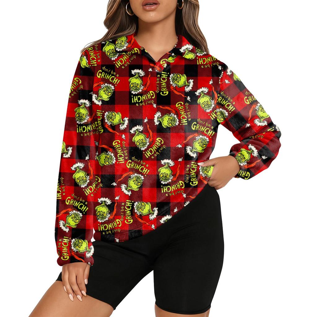 Women's Stand Collar Pullover Long Sleeve Top Christmas Print Sports Top