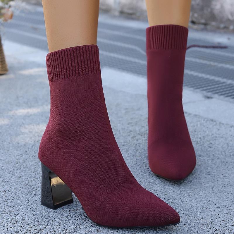 Knit Single Boots Autumn New Pointed Toe Sleeve Breathable Non-Slip Wear-Resistant High Heels