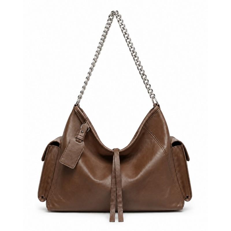 Vintage Chain Detail Moto Shoulder Bag Women Large Capacity Crossbody Soft PU Leather Streetwear Style