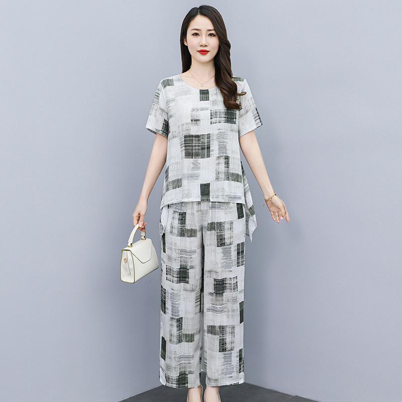 Women's Plus Size Summer Tie-Dye Cotton Linen Suit: Irregular Hem Top & Wide Leg Pants Two-Piece Set