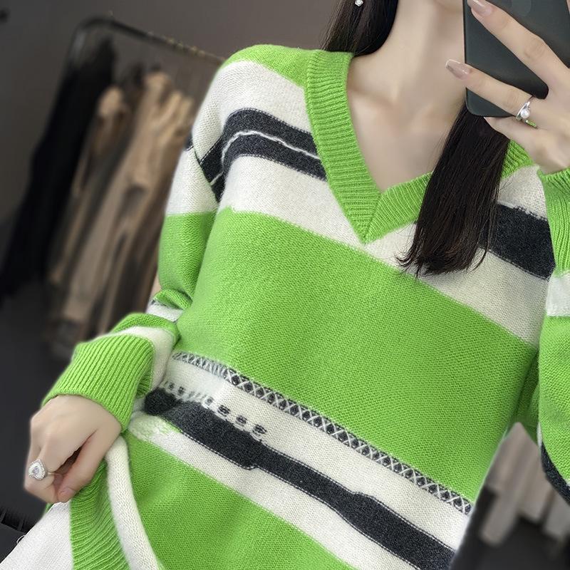 

Контрастный полосатый пуловер Шерстяная нижняя рубашка Осень Свободный ленивый ветер С длинным рукавом Свитер Универсальный облегающий вязаный топ One Size