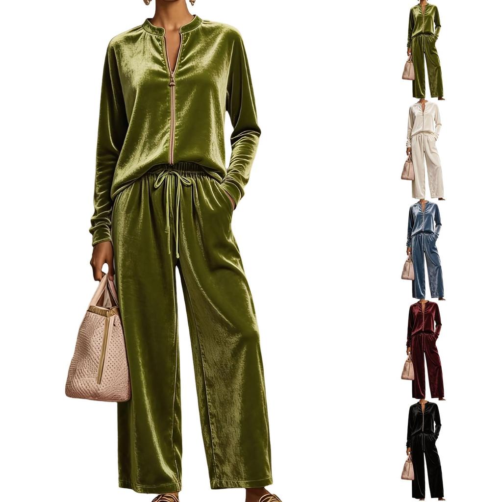 Women's Velour Hoodie and Wide Leg Pants Set High Waist Flowy Suit with Draping Fabric