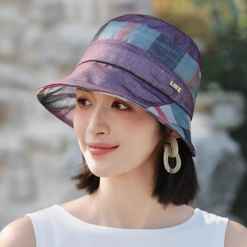Hat women spring summer plaid elegant basin hat temperament breathable bucket hat sunscreen travel fashion sun hat