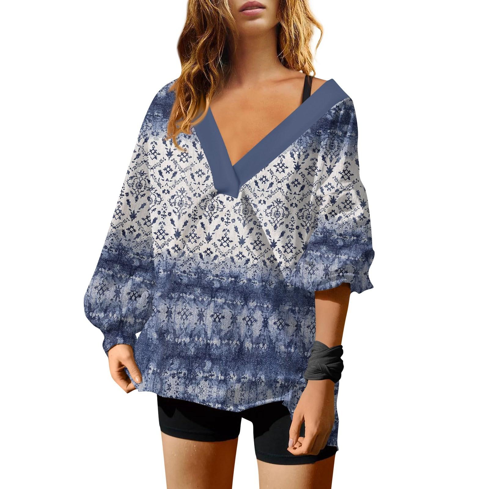 

Women s Fashion Retro Printed V Neck Long Sleeve Loose Pullover Sweatshirt Top XL