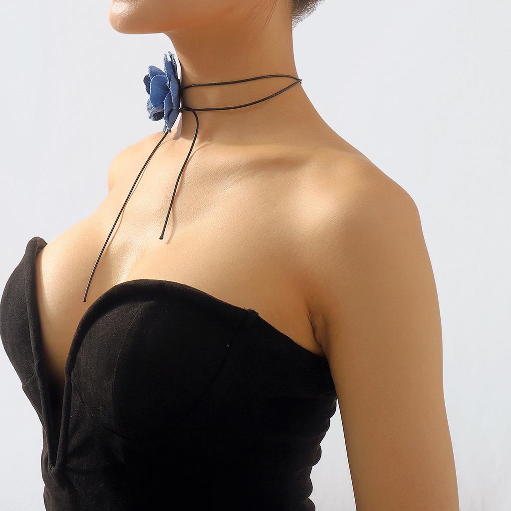 261 French small fragrant denim blue rose necklace, retro spice girl strap choker collarbone chain