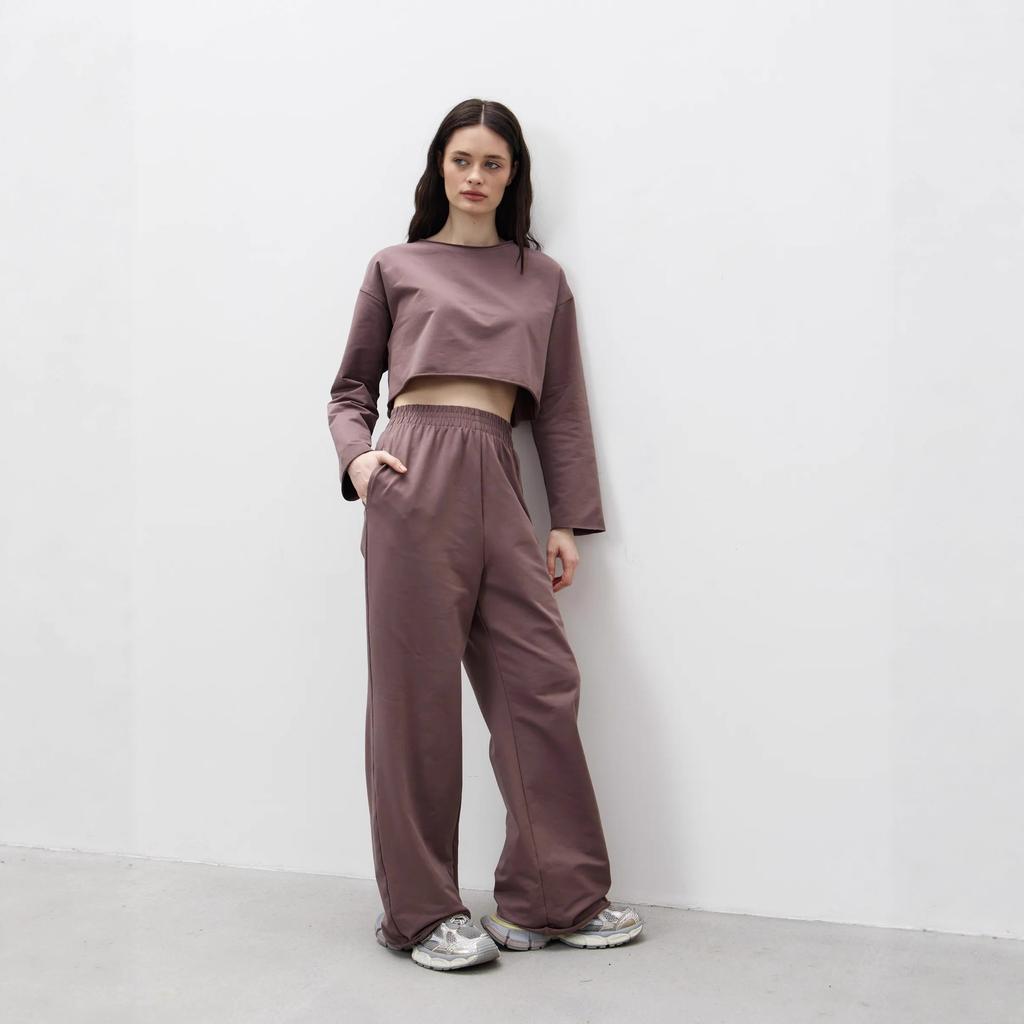 Spring and Summer Women's Casual Suit Solid Color Long Sleeve Crew Neck T-Shirt Elastic Wide Leg Pants Two-piece Set