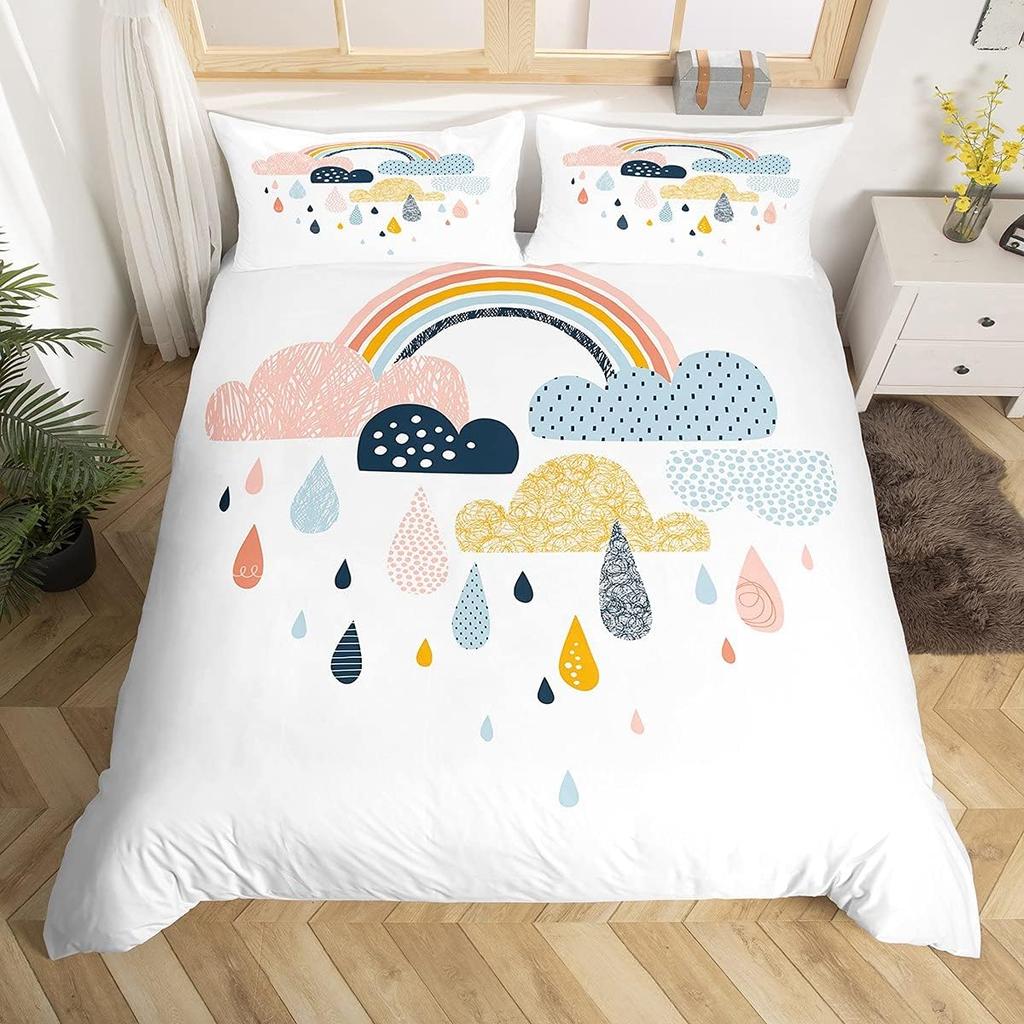 Kawaii Rainbow Duvet Cover Cartoon Iridescent Print Bedding Set For Girls Kids Room Twin,Cute Stars Clouds Decor Comforter Cover