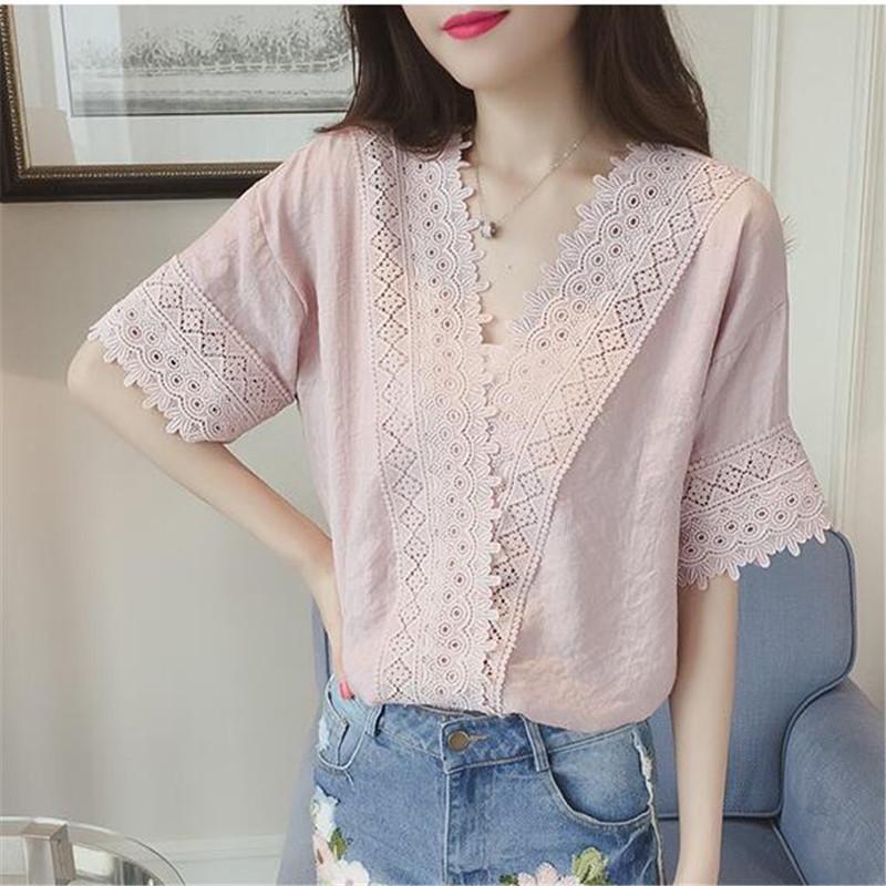 2023 Summer Women's Loose White Chiffon V-Neck Hollow Short Sleeve Top