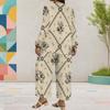 Women Plus Size Navy Blue Floral Printed Two Piece Set Round Neck Long Sleeve Layered Top Wide Leg Cropped Pants