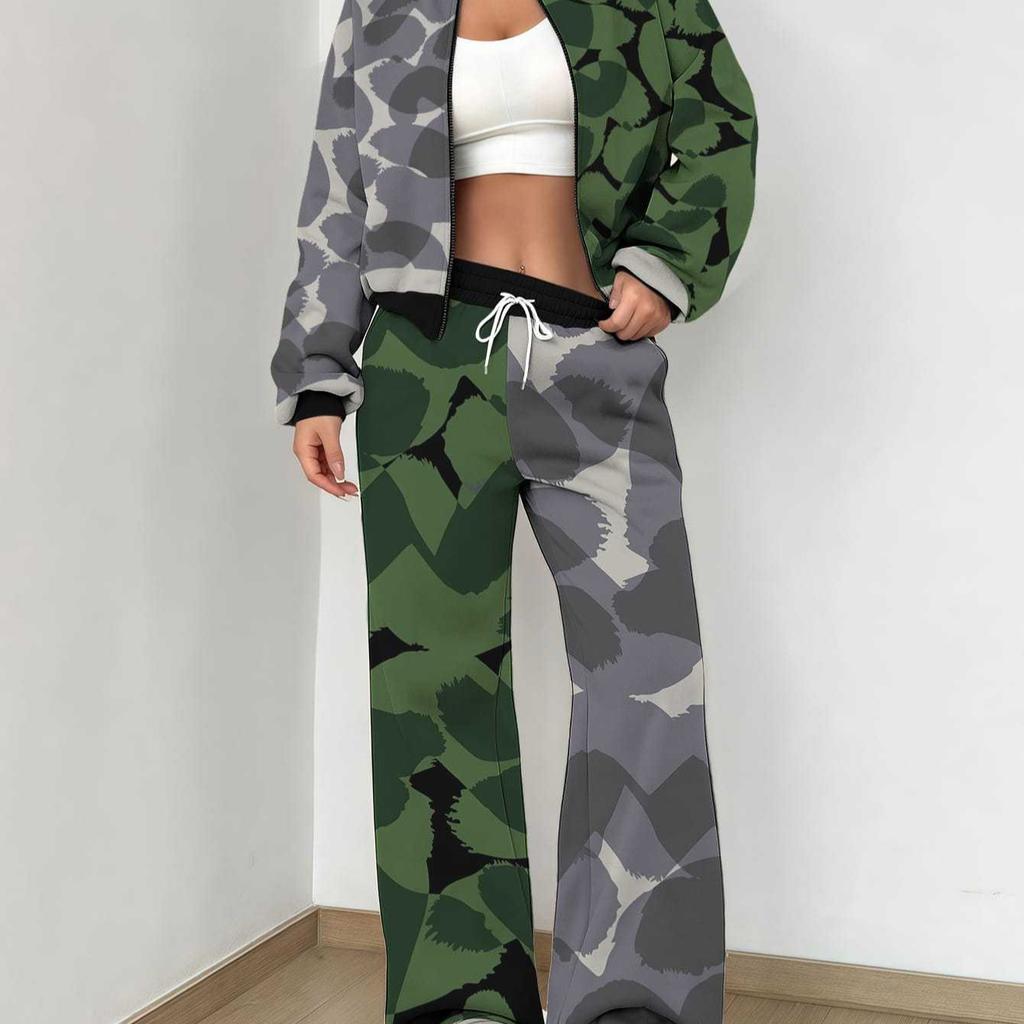 Splicing Autumn And Winter New European And American Women'S Clothing Army Green Camouflage Printing Suit Women