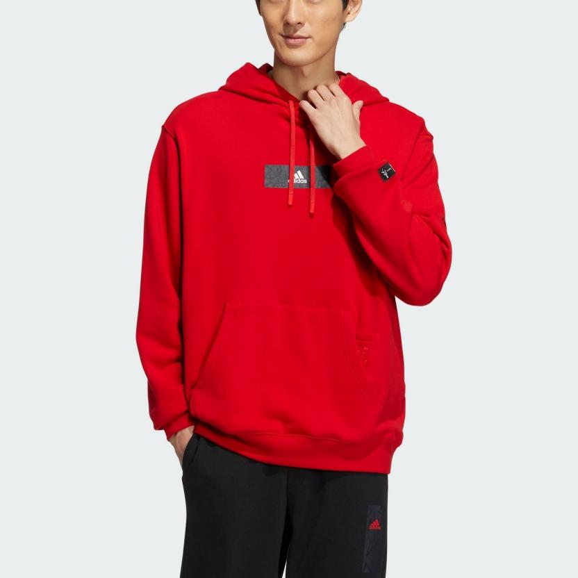 Adidas CNY Logo Print Drawstring Hooded Sweatshirt Casual Long Sleeve Tops Men Red HZ3036