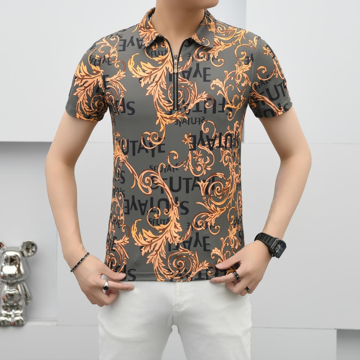 

Лето 2025 Новая Ретро Тенденция Мужской Тонкий Топ с Коротким Рукавом Облегающего Кроя на Половину Молнии с Полным Цветочным Принтом 4XL серый