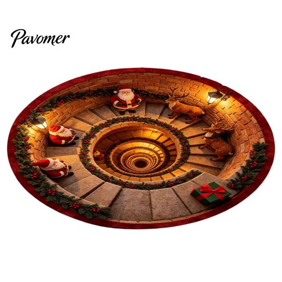 Unique Seasonal Gift Rugs Christmas Round Area Rug, 3D Visual Trap Floor Mat with Santa Elk Print, Soft Crystal Velvet Carpets Non-Slip Stain