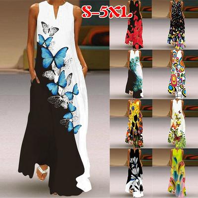 Naiste Vintage trükitud kleidid Suvised Boho varrukateta V-kaelusega pikk kleit naistele vabaaja elegantne rannapeo maksikleidid Vestidos