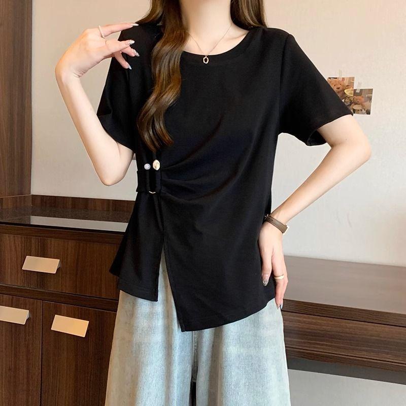 

Front shoulder short-sleeved T-shirt women s summer new large size fat MM design sense chic irregular belly covering thin top 2XL чорний