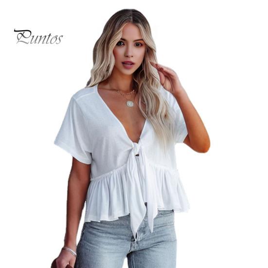 

Женские летние топы с v-образным вырезом и коротким рукавом, однотонная повседневная футболка, свободный крой, футболки с узлом и оборками на подол M белый