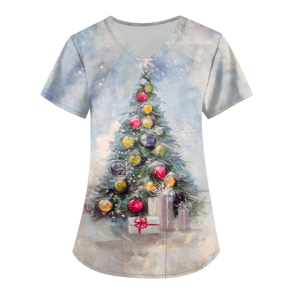 Plus Size Printed Scrub Working Uniform Tops For Women's V-Neck Christmas Print Short Sleeve Fun T-Shirts Workwear Tee With Pockets