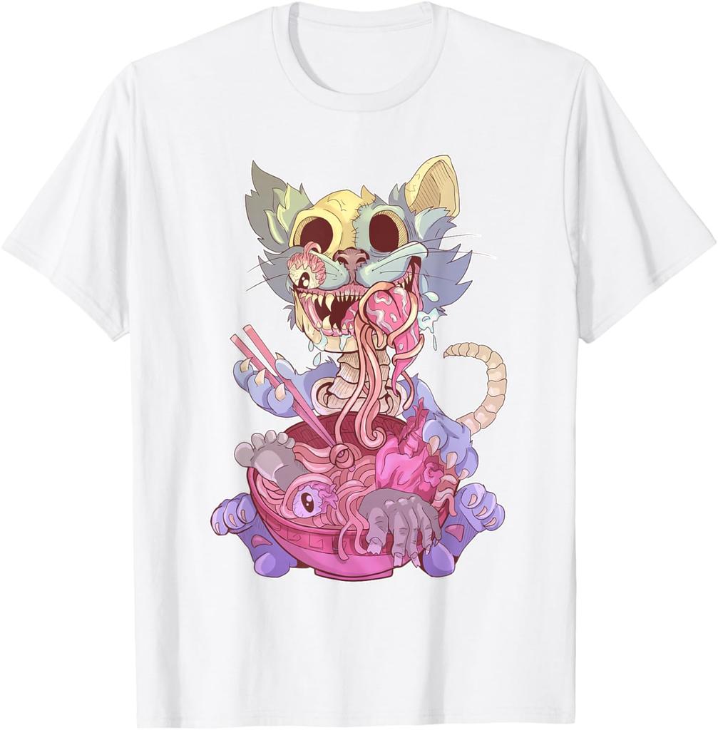 Zombie Cat Ramen Graphic Tee Kawaii Goth Weird Illustration T-Shirt For Men Casual