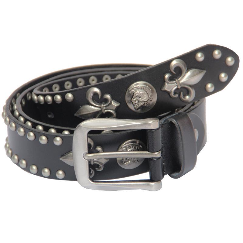 Męski pasek ze skóry bydlęcej w stylu punk z nitami w kształcie czaszek