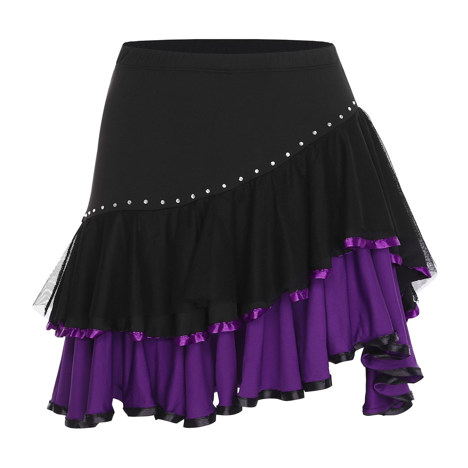 

Жіноча спідниця для латинських танців з високою талією, еластичною стрічкою, контрастним рюшами та вбудованими шортами для виступів M фіолетовий