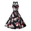 Fashion Style New Arrival Retro Hepburn Style Halterneck Christmas Print Shoelace Cinched Sleeveless Large Swing Dress Belt