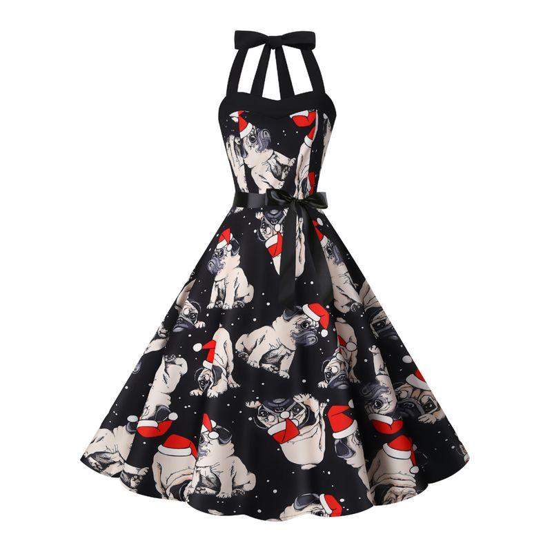 Fashion Style New Arrival Retro Hepburn Style Halterneck Christmas Print Shoelace Cinched Sleeveless Large Swing Dress Belt