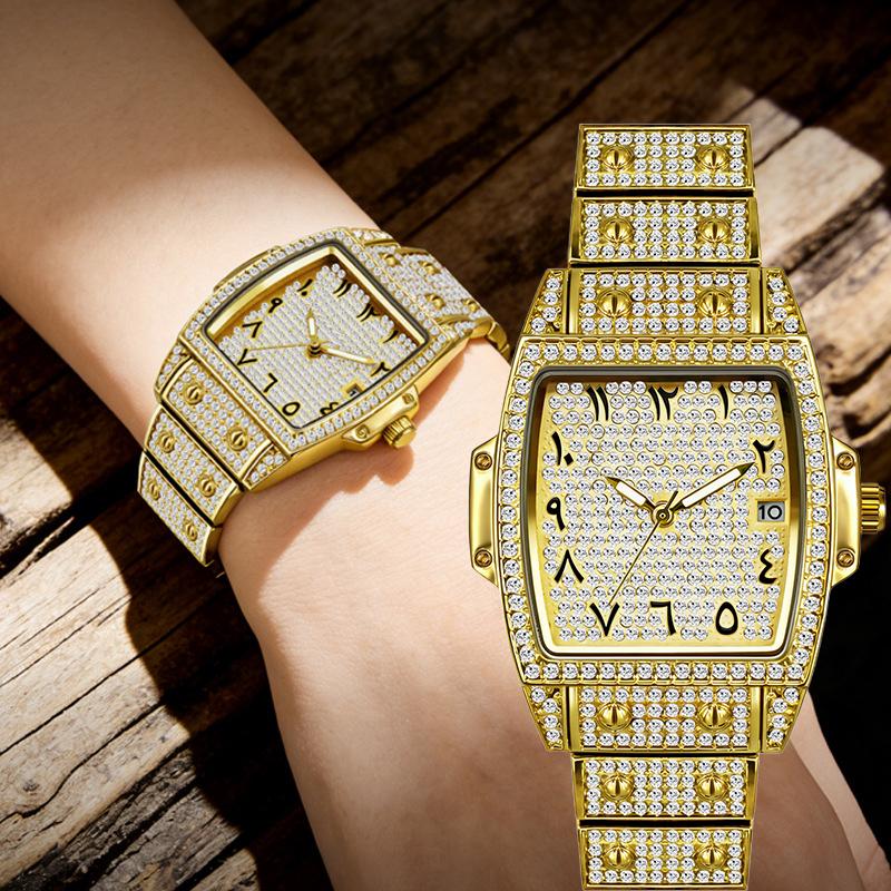 Ladies Unique Arabic Scale Watch Full Diamond Encrusted Tonneau Watch Male Luxury Bling Dress Watch Waterproof