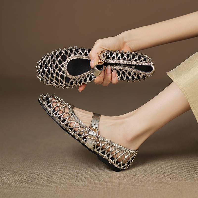 Krazing Pot Straw Weaving Mary Janes Summer Size 42 European Design Thick Flat with Women Women Round Toe Flats