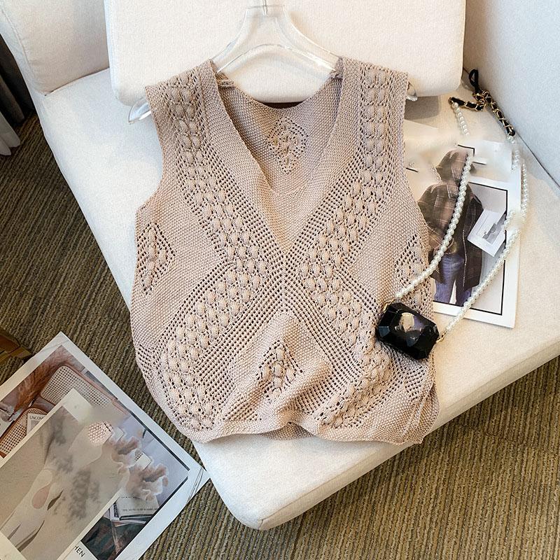Solid Color V Neck Tank Top Casual Sleeveless Cut Out Knitted Tank Top For Every Day, Women's Clothing