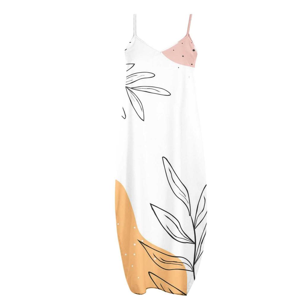 Womens Fashion Summe Sun Dresses Long Spaghetti Adjustable  Strap Sleeveless Floral Casual Long Maxi Dress For Women With Pockets