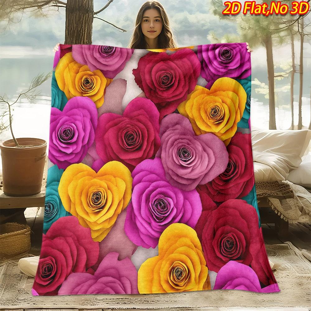 1pc 2D Flat Printing Spring & Summer New Arrival Colorful Heart Rose Themed Digital Print Blanket, Soft and Comfortable 100% Polyester Fiber, Suitable