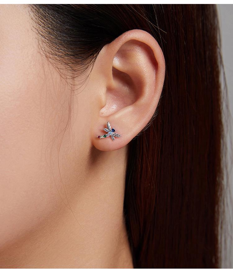 Colorful Dragonfly Sterling Silver Stud Earrings with Zircon Inlay