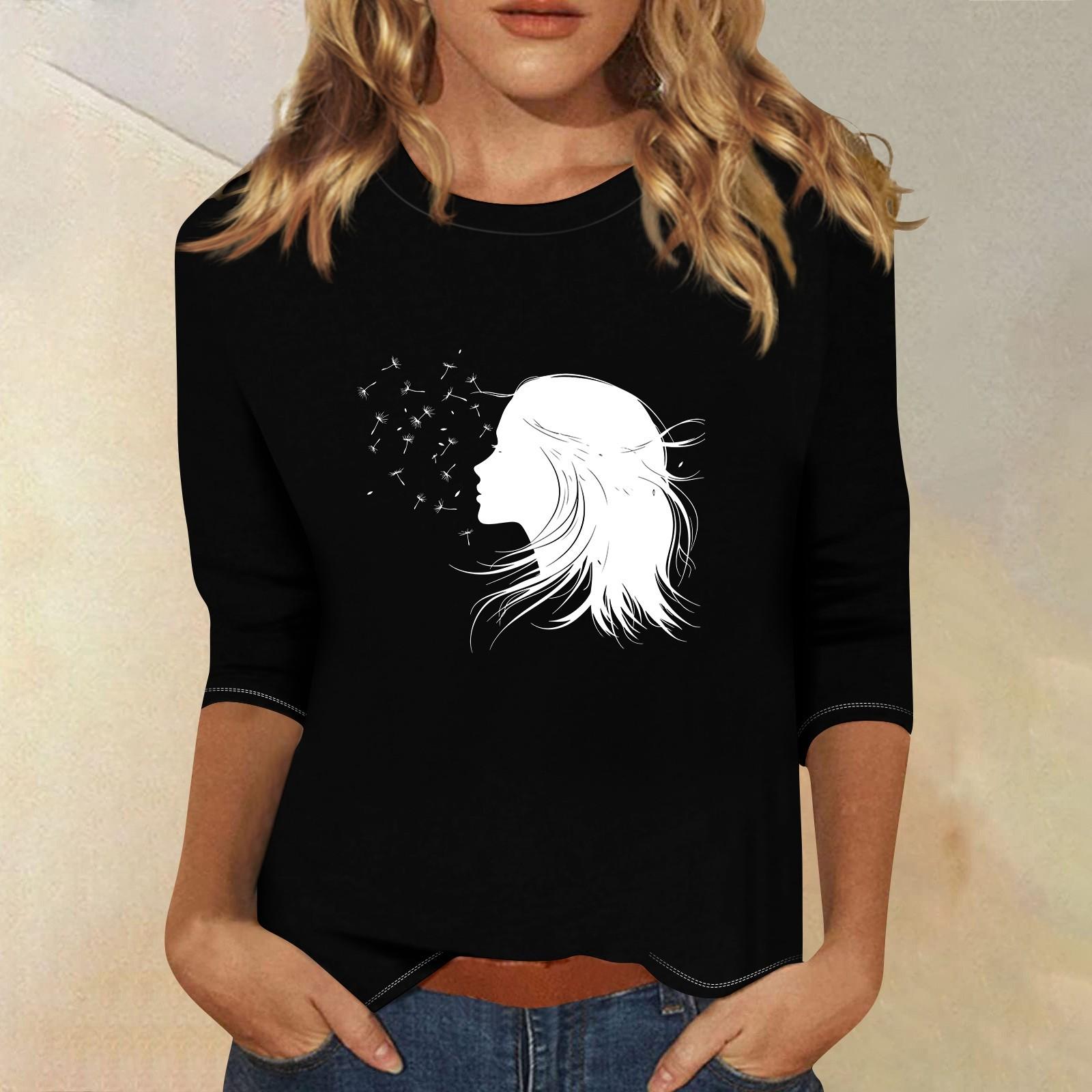 

3/4 рукава топы для женщин футболка повседневные принты топы футболка круглый вырез пуловер блузка S чёрный