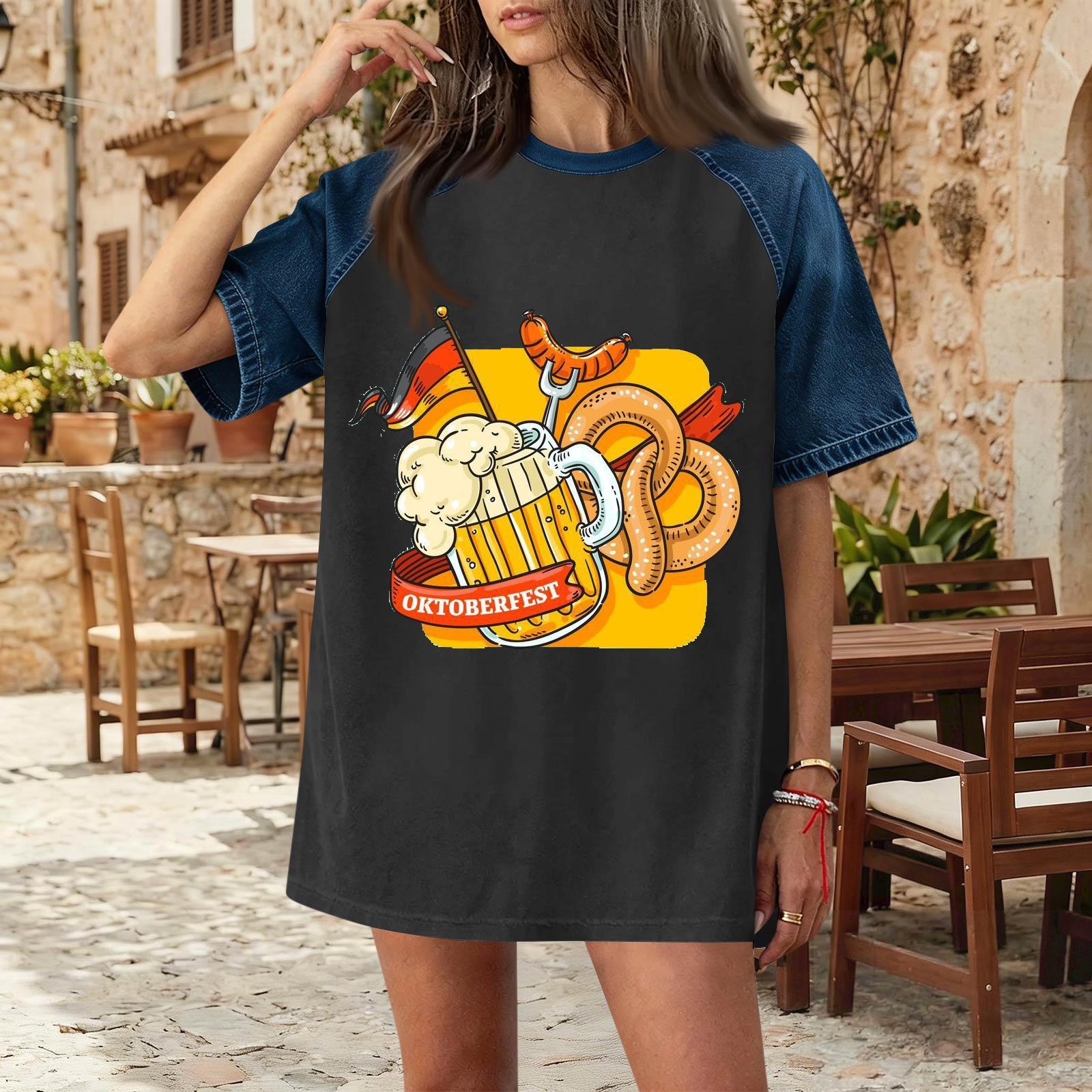 

Women s Casual Denim Patchwork Oktoberfest Print Short Sleeve T Shirt Comfortable Loose Fit Tee Top for Daily Wear S