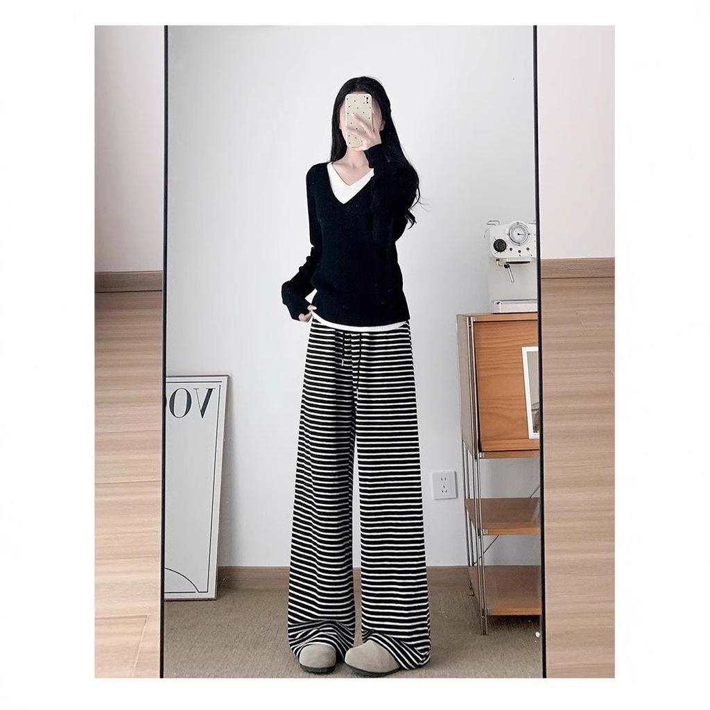 2025 Women's High-Waisted Fleece-Lined Wide-Leg Striped Pants for Autumn/Winter